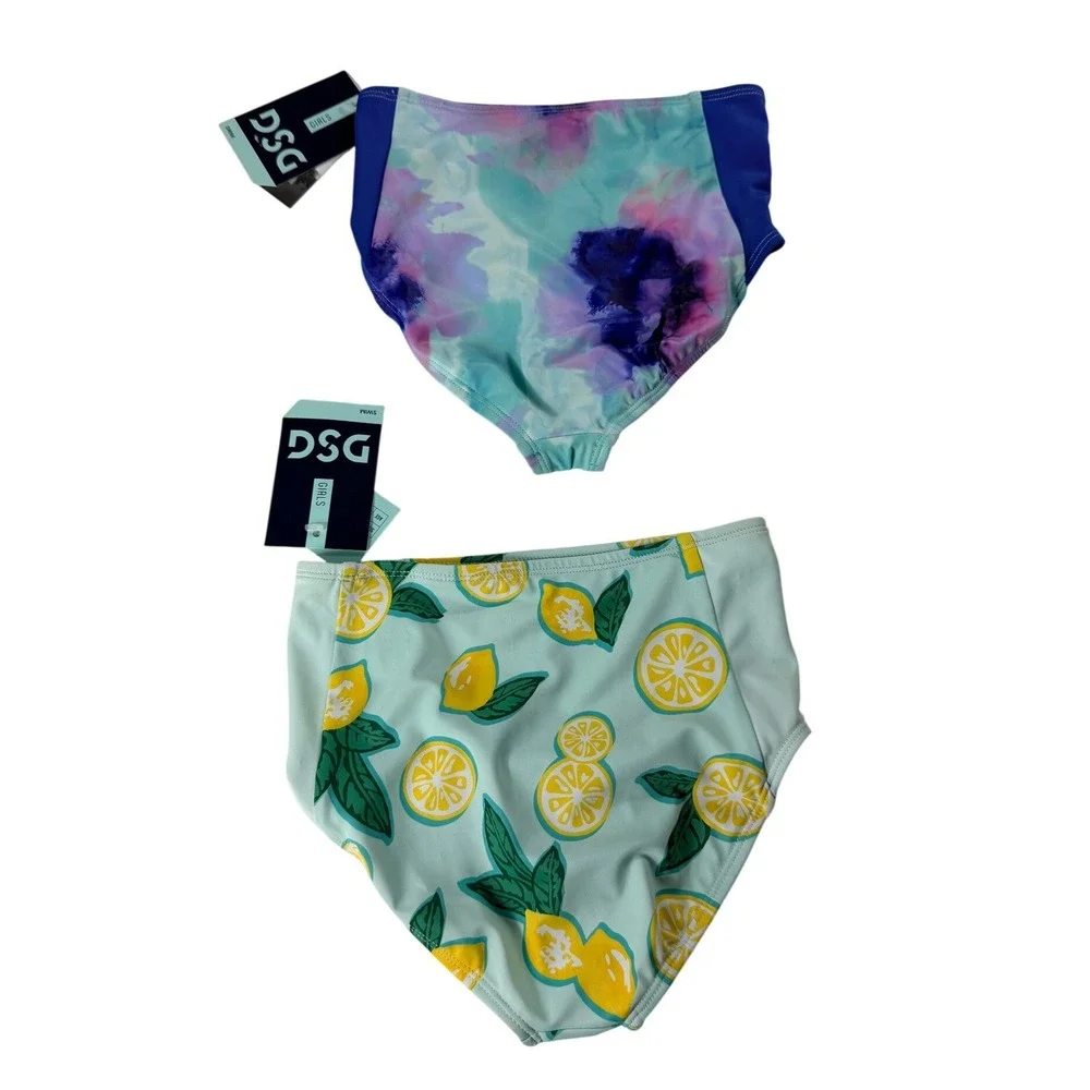 LOT of 2 DSG Girls High Waist Swim Bottoms Size XS 4-6 Lemon Tie Dye UPF 50+ NWT